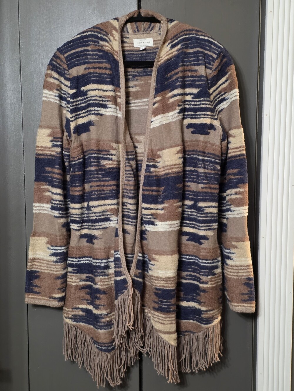 Lucky Brand Beige and Navy Striped Fringe Open Cardigan - Picture 4 of 6